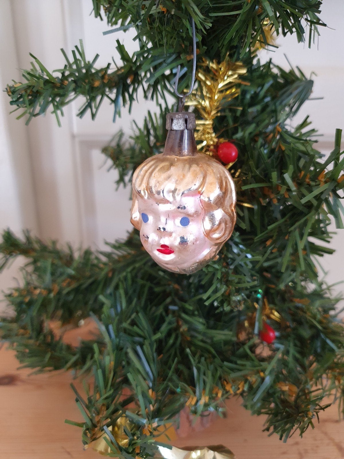 Oude kerstbal kinder engel hoofdje glas kerstversiering, Ophalen of Verzenden
