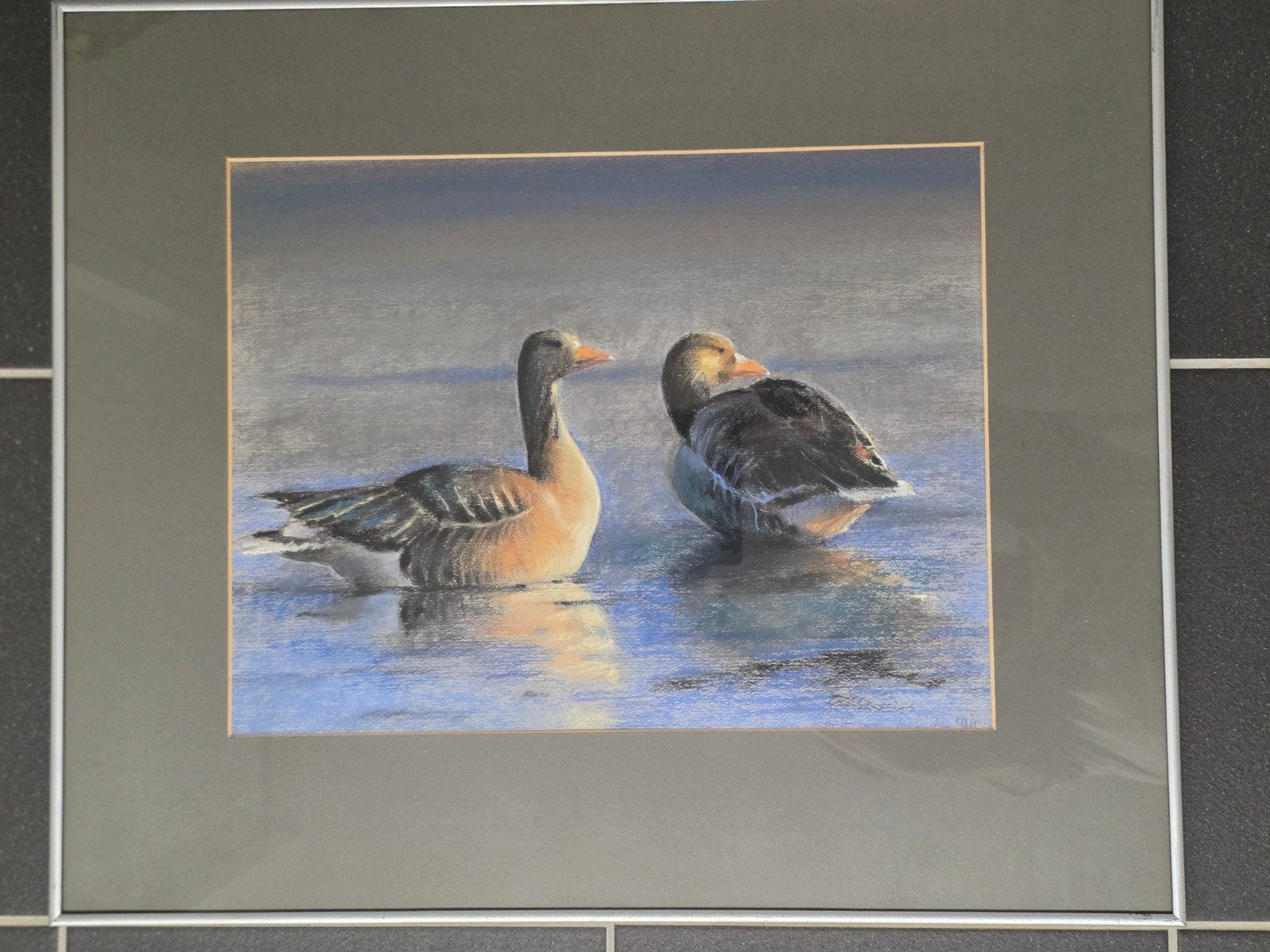 Uniek pastelschilderij "Ganzen", gesigneerd met certificaat