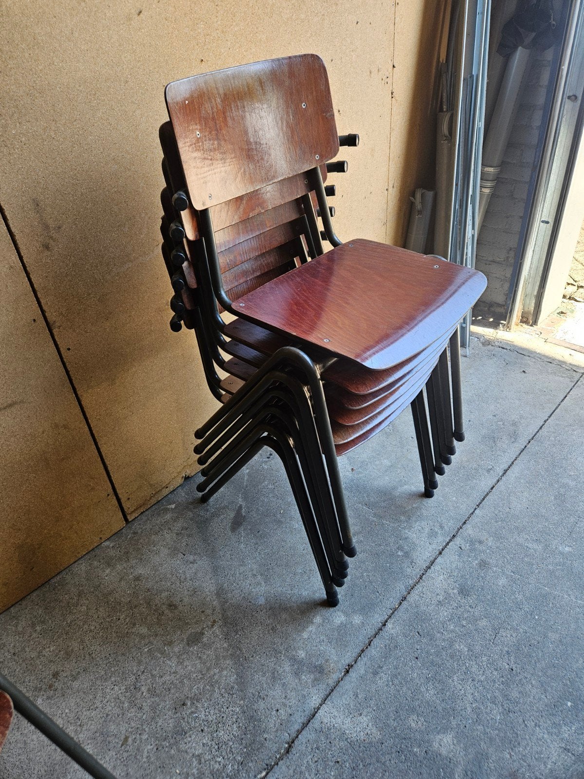 Vintage stapelbare schoolstoelen - Set van 7, Ophalen, Gebruikt, Bruin, Vintage, Retro, Industrieel