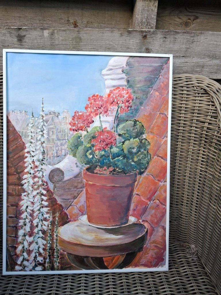 schilderij daktuin. olieverf  afm. 46 x 60 cm, Antiek en Kunst, Kunst | Schilderijen | Modern, Ophalen of Verzenden, Ingelijst