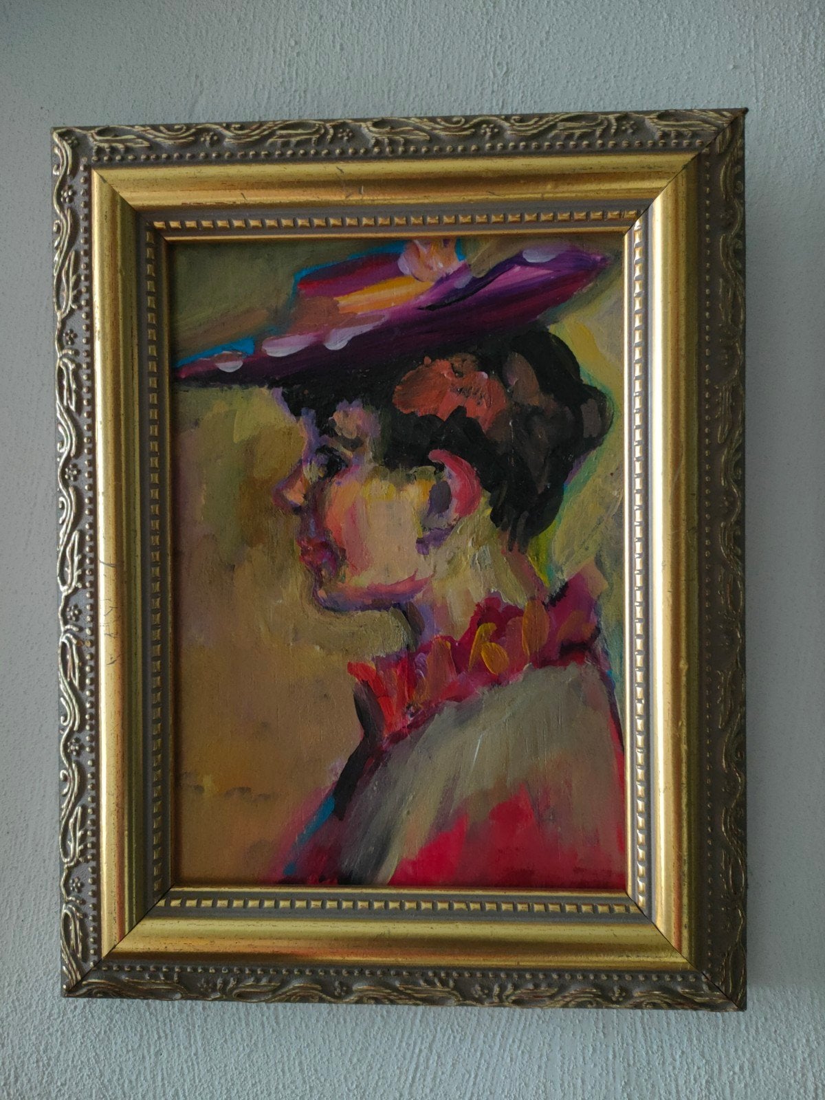 Vrouw met hoed - portret, Portret of Personen, Impressionistisch, Olieverf, Ingelijst
