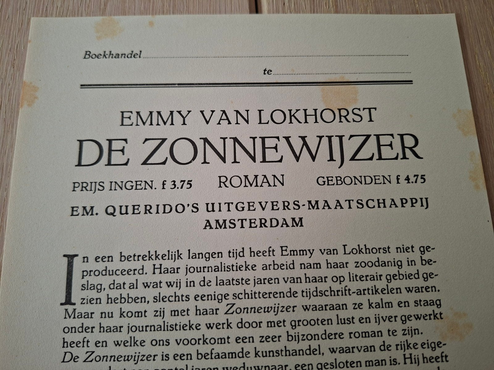 Bestelformulier boek Emy van Lokhorst 1928 Amsterdam, Verzenden, Gelezen