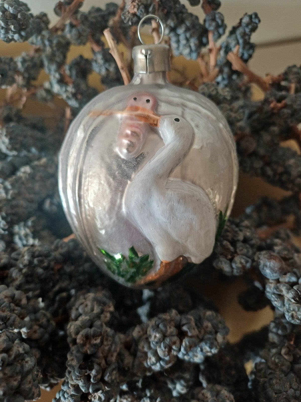 vintage kerstbal van glas ooievaar kind, Diversen, Kerst, Ophalen of Verzenden