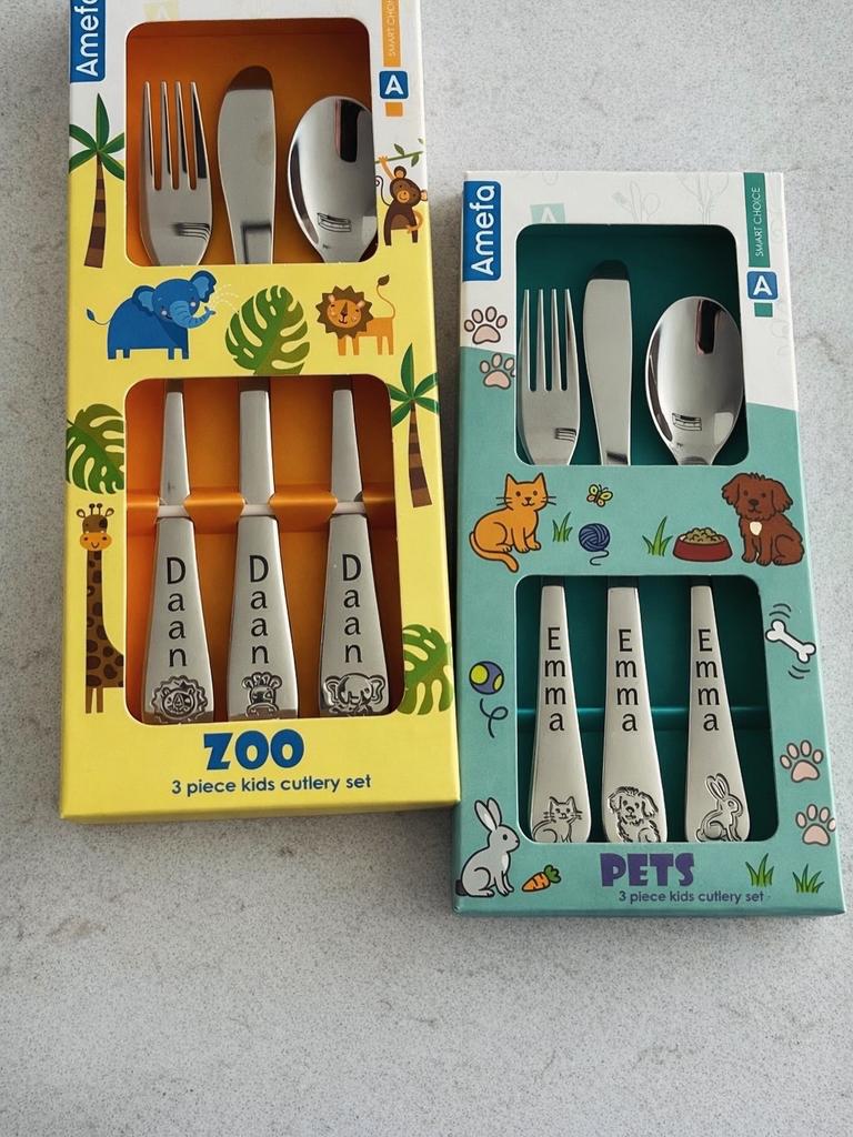 Kinderbestek set met gegraveerde naam, Ophalen of Verzenden, Nieuw, Zilver