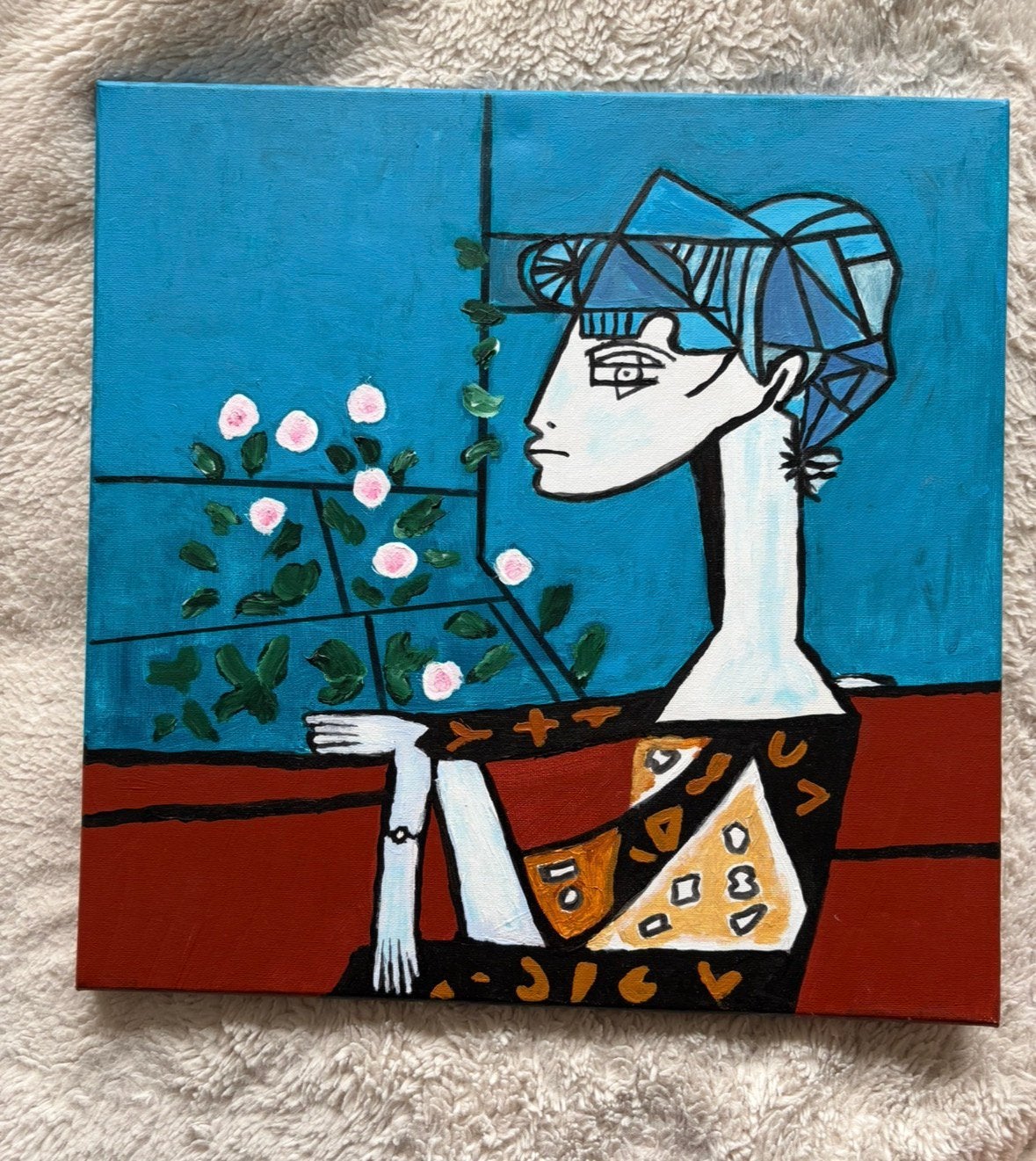 Jacqueline met bloemen, Ophalen of Verzenden, Acrylverf