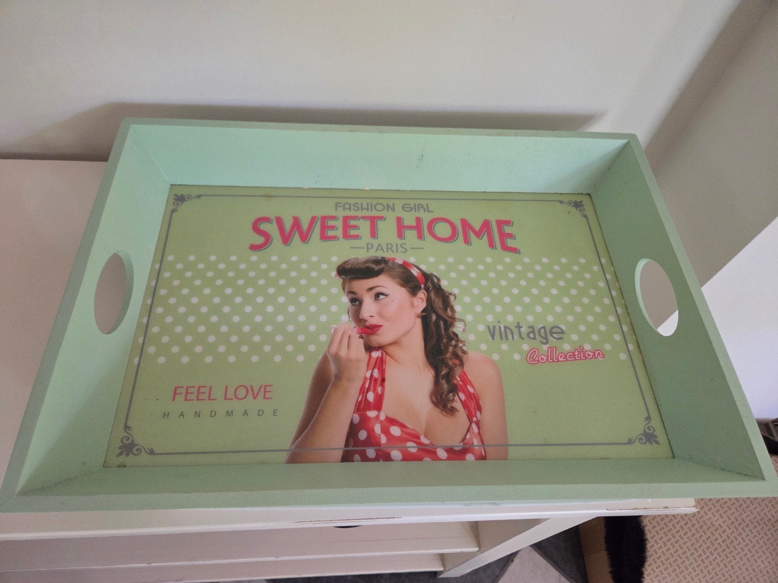 Vintage dienblad 'Sweet Home Paris' - Fashion Girl, Ophalen, Gebruikt, Met opstaande rand, Dienblad