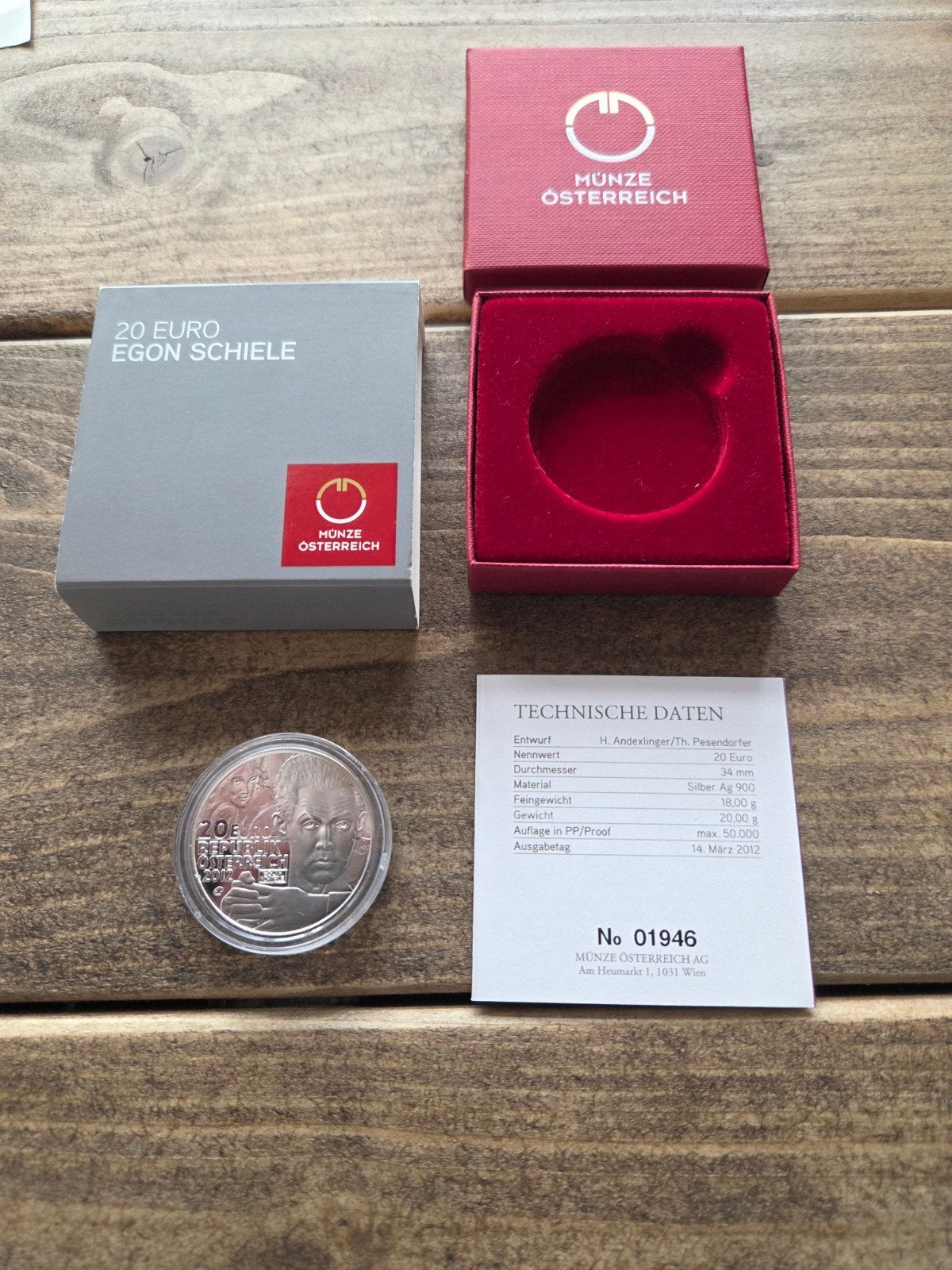 Zilveren munt 20 euro Egon Schiele 2012 proof certificaat, Ophalen of Verzenden, Oostenrijk, Overige waardes, Zilver