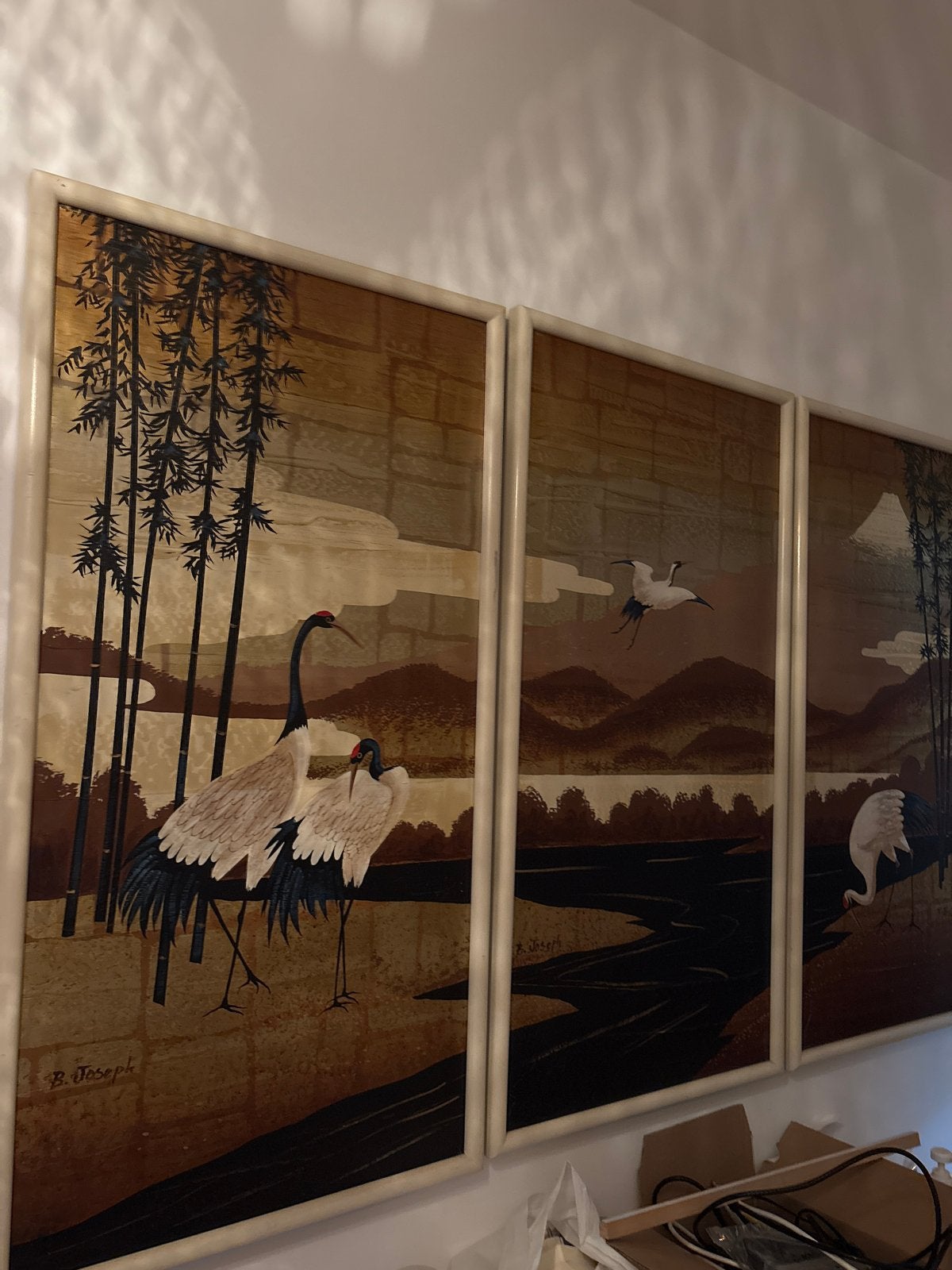 Set van 3 Japanse kraanvogel schilderijen - B. Joseph, Paneel, Realistisch, Ophalen of Verzenden, Gesigneerd