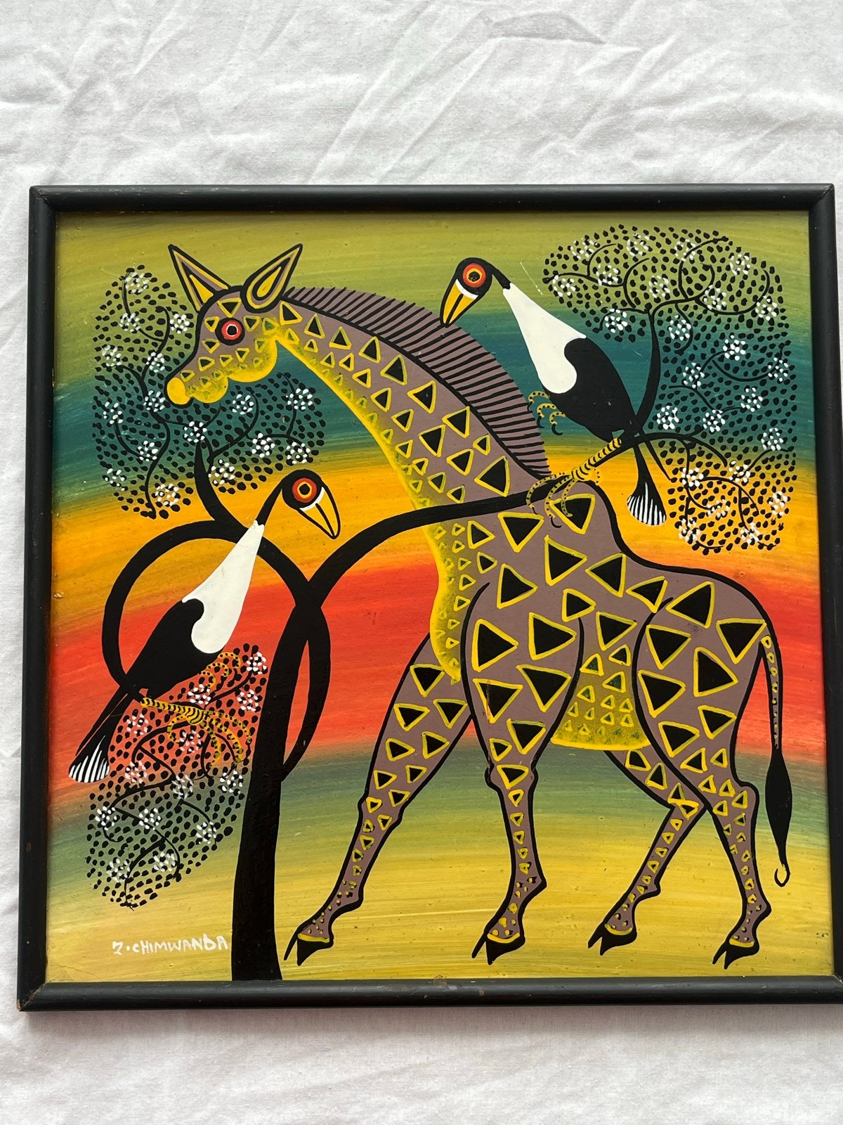 Afrikaans schilderij  Z. Chimwanda giraffe vogel, Antiek en Kunst, Ophalen, Schilderij, Afrika, Overige materialen