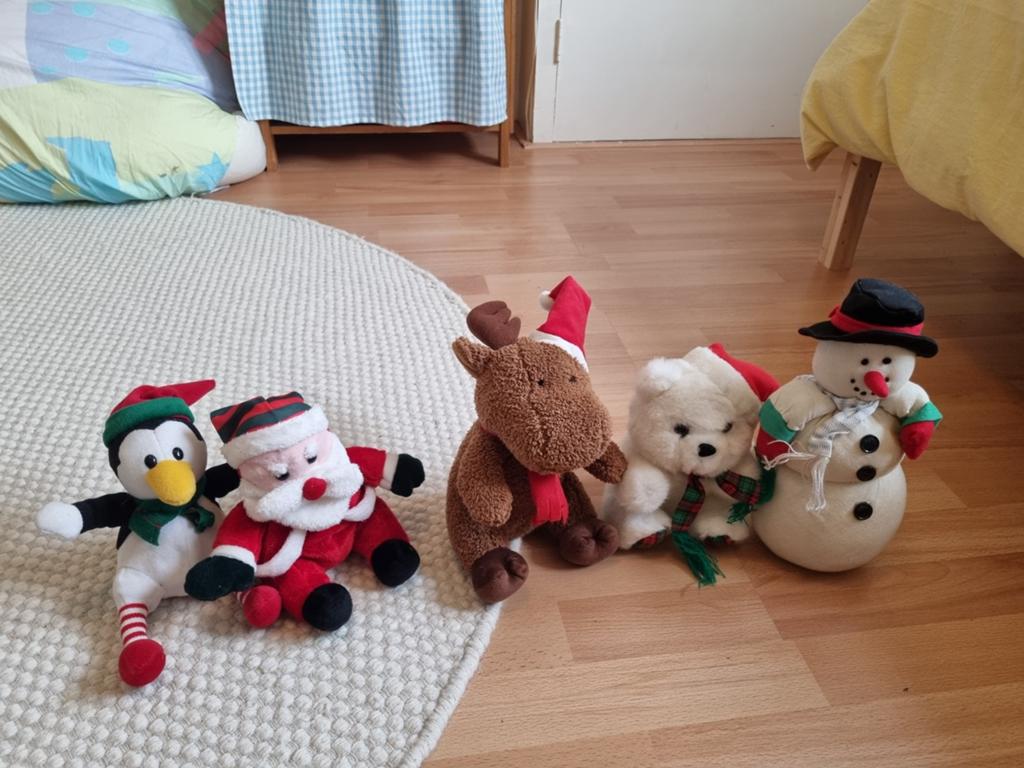 Vintage Kerst Knuffels: Sneeuwman Kerstman, Pinguïn,, Gebruikt, Overige merken, Overige karakters, Overige typen