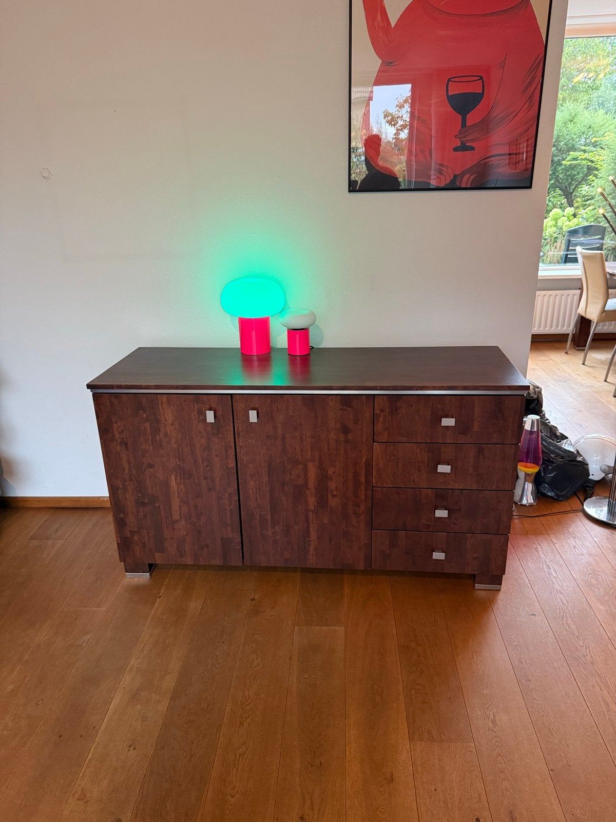 Houten dressoir met lades en deuren en rvs accenten, Huis en Inrichting, Ophalen, Gebruikt, 150 tot 200 cm, Met lade(s)