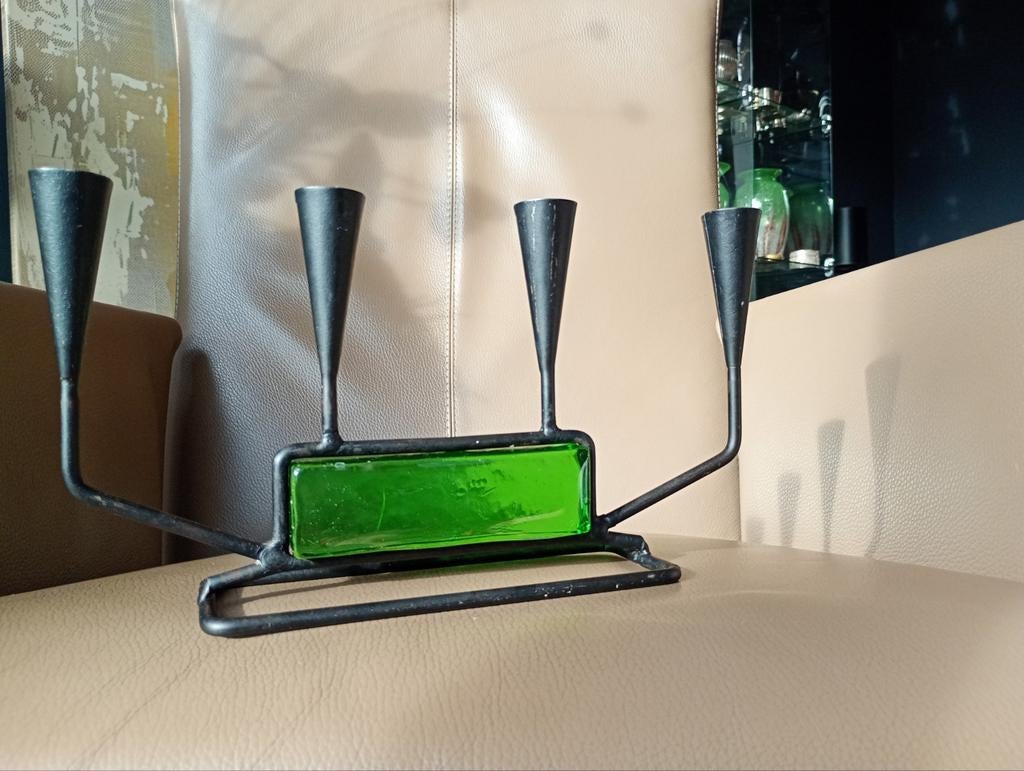 Deense design kandelaar met groen glas, Antiek en Kunst, Ophalen of Verzenden, Overige materialen