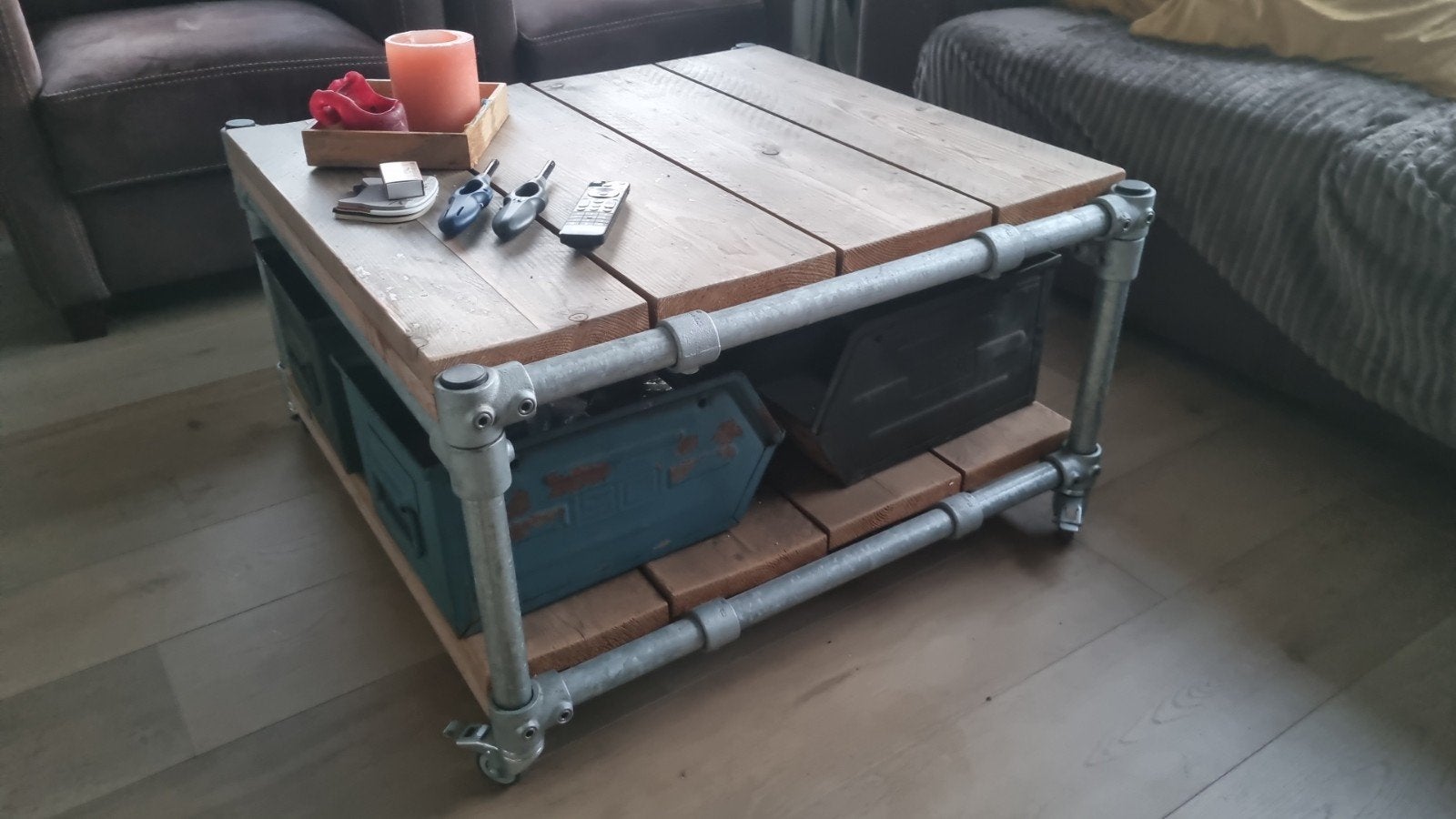Prachtige steigerhouten steigerbuis steigerpijp salontafel!, 50 tot 100 cm, Landelijk industrieel stoer sober vintage antiek, Vierkant