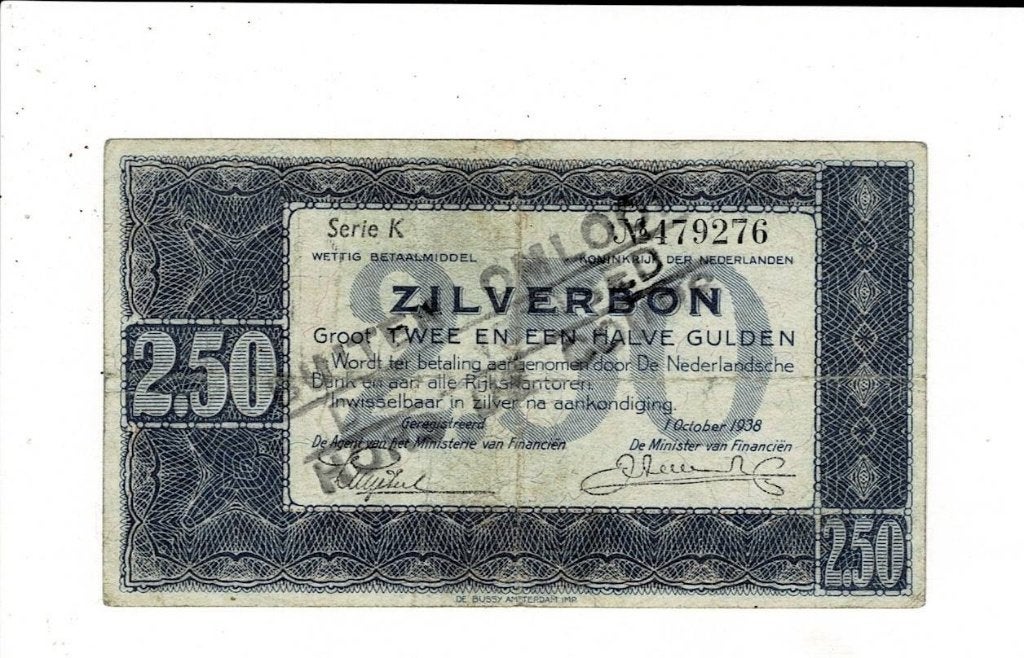 Zilverbon 2 1/2 gulden 1939, buiten omloop gesteld, Verzenden, 1 gulden