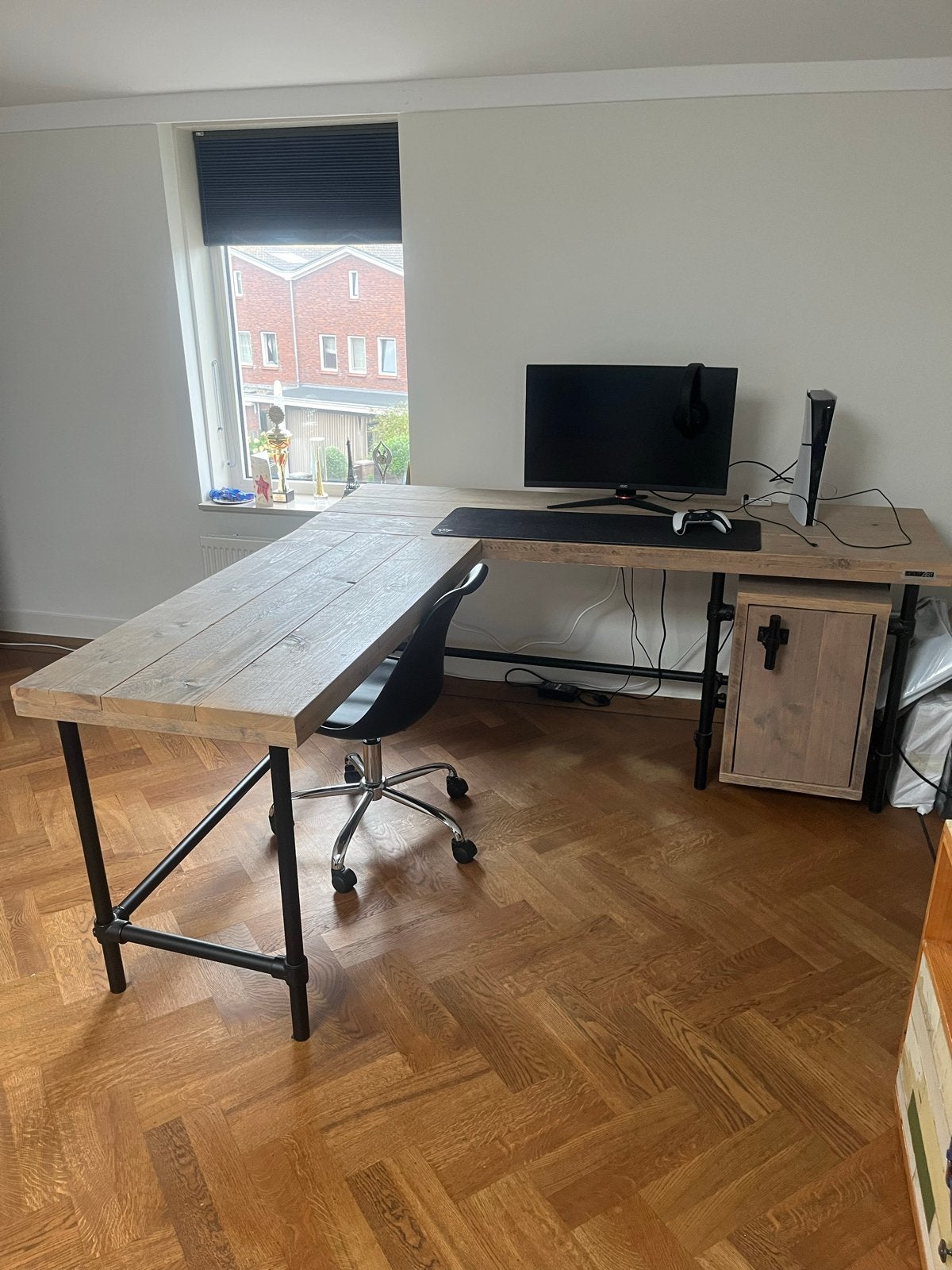 Steigerhout Hoekbureau met Steigerbuizen en Bureaustoel, Ophalen, Gebruikt, Hout, Hoekbureau