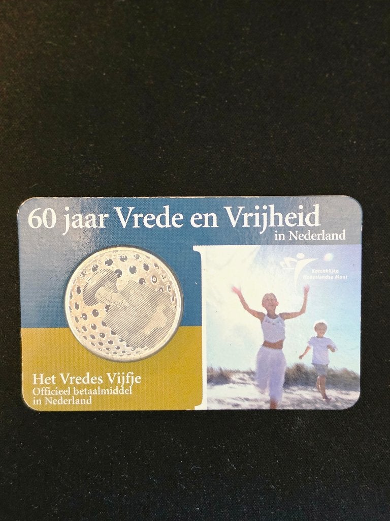 Nederland Vredes Vijfje - 60 jaar vrede en vrijheid - KM#254, Koningin Beatrix, Zilver, Euro's, Ophalen of Verzenden