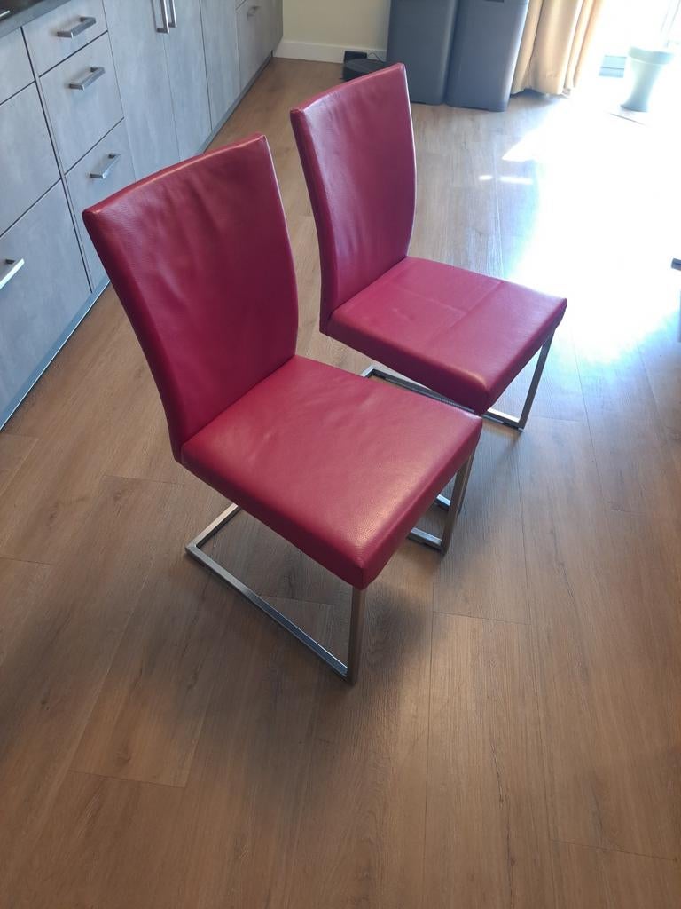 2 echt leren rose eetkamer stoelen van Bert Plantagie, Ophalen, Rood, Leer, Twee