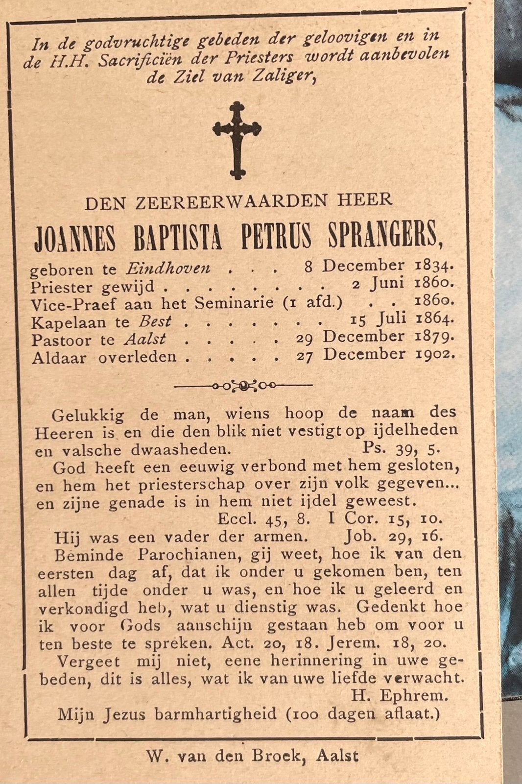 Joannes Baptista Petrus Sprangers Eindhoven 1834, Verzamelen, Bidprentjes en Rouwkaarten, Ophalen of Verzenden