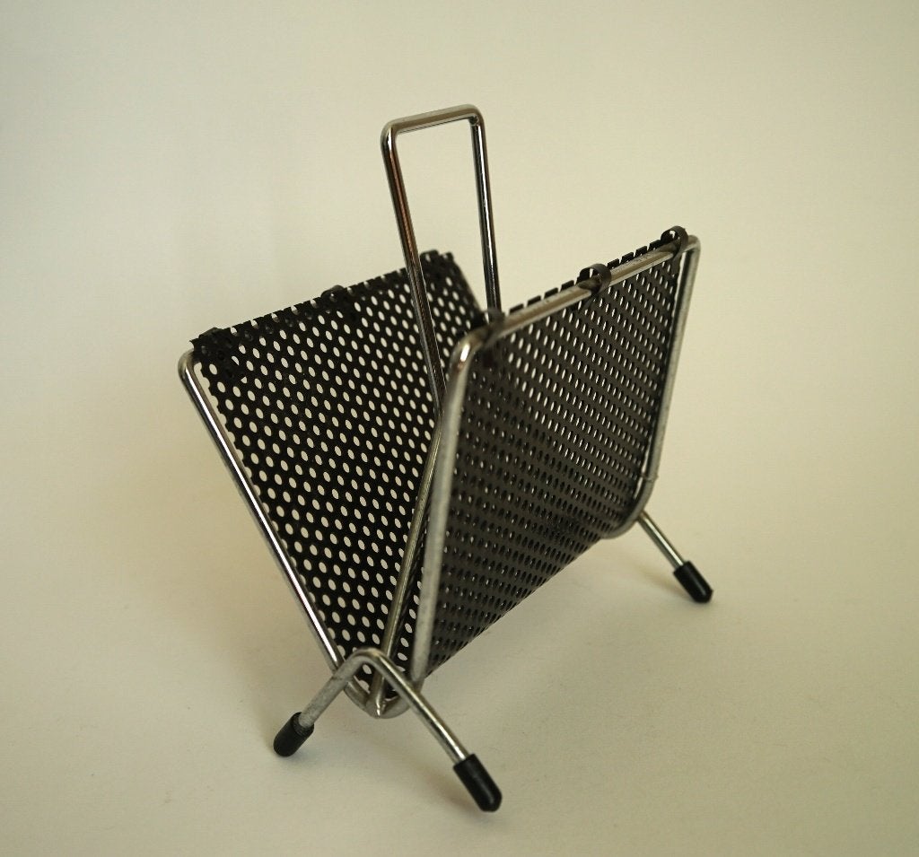 vintage brievenhouder Chroom frame zwart geperforeerd metaal, Ophalen of Verzenden