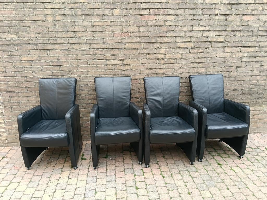 Set van 4 zwarte leren eetkamerstoelen met wieltjes, Ophalen, Gebruikt, Zwart, Leer