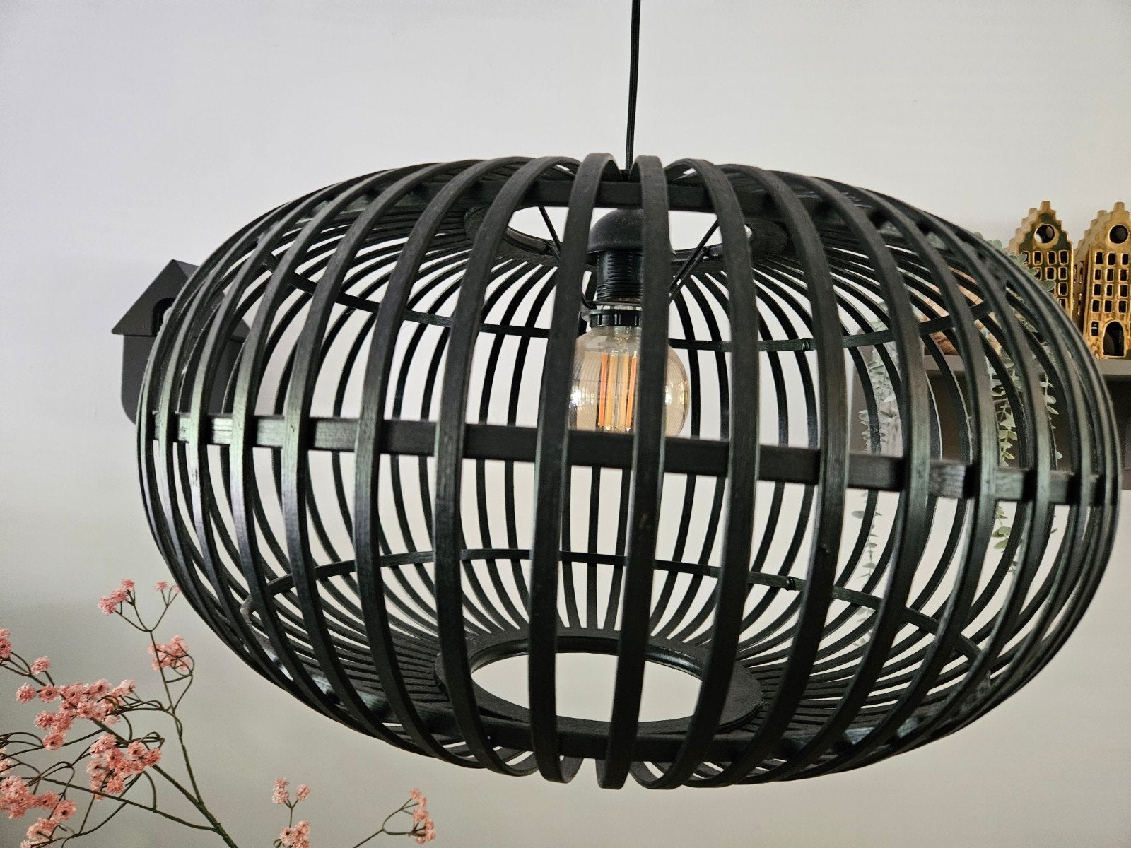 Zwarte bamboe hanglamp - Stijlvolle verlichting, Ophalen, 50 tot 100 cm, Zo goed als nieuw, Minder dan 100 cm