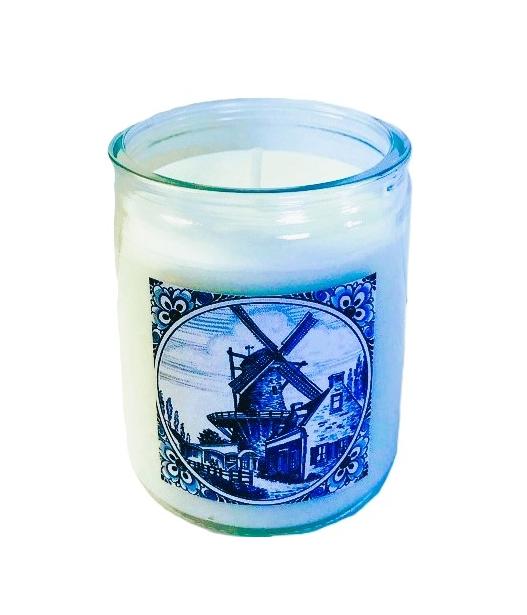Kaars in glas wit met molen delfts blauw - Incl. cadeauzakje, Verzenden, Nieuw, Wit, Overige materialen