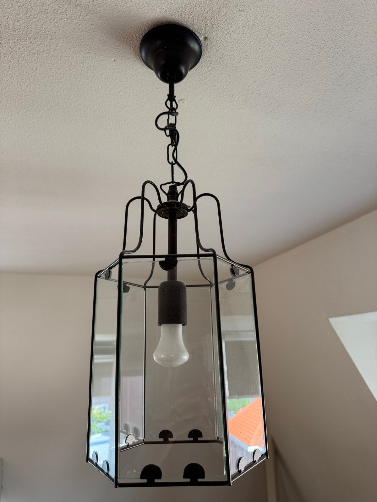 Elegante Zwarte Hanglamp met Glazen Panelen, Ophalen, Zo goed als nieuw, Metaal, E27 (groot)
