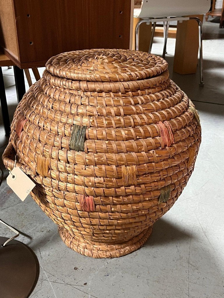 83) Rieten (was) mand met deksel - Vintage opbergmand, Ophalen, Gebruikt, Mand, Onbekend
