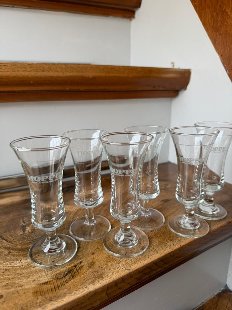 6x Hoppe borrelglaasje, Verzamelen, Ophalen of Verzenden, Zo goed als nieuw, Borrel- of Shotglas