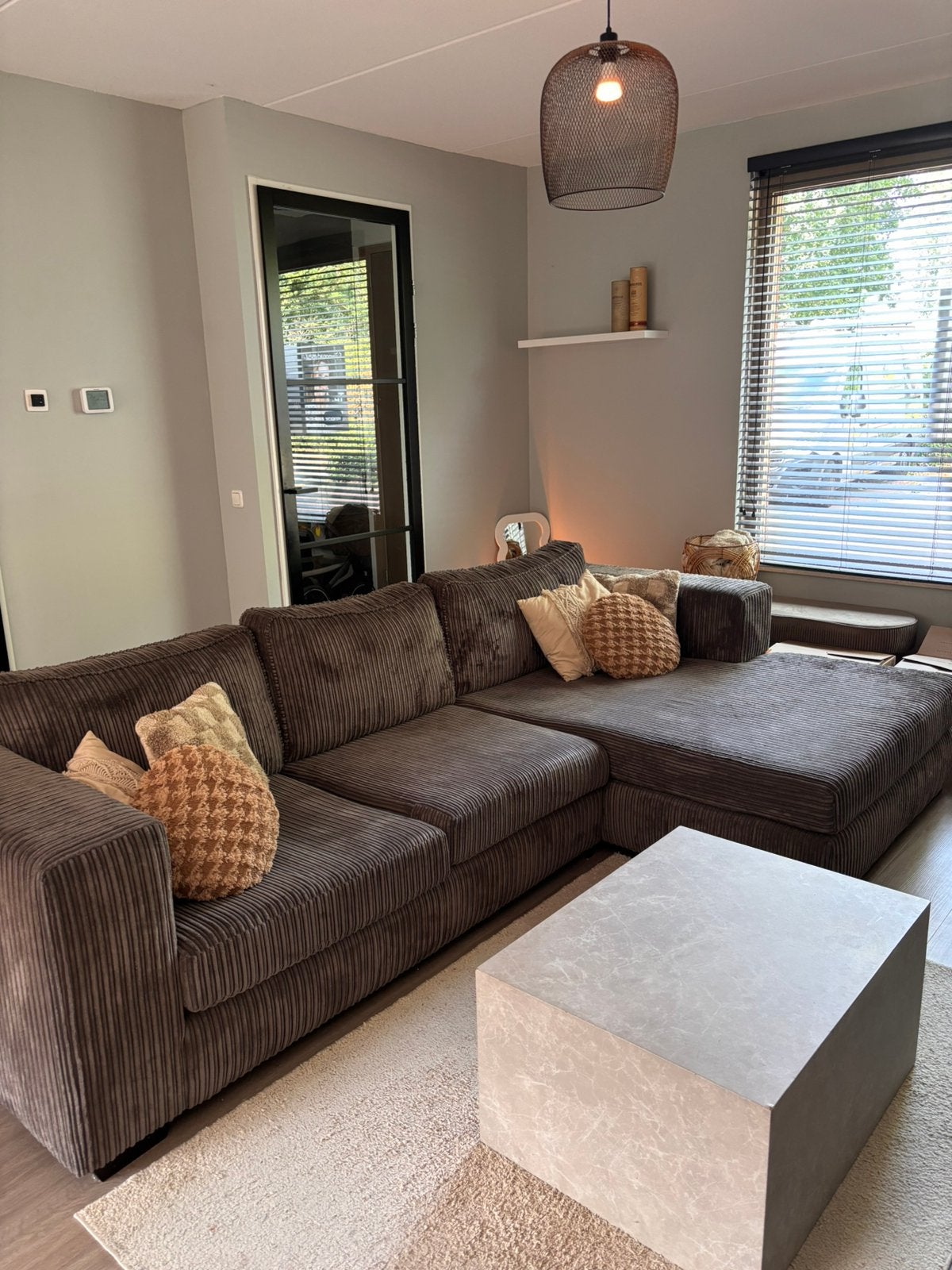 Haco bruine ribstof hoekbank, Huis en Inrichting, Banken | Complete zithoeken, Ophalen, Gebruikt