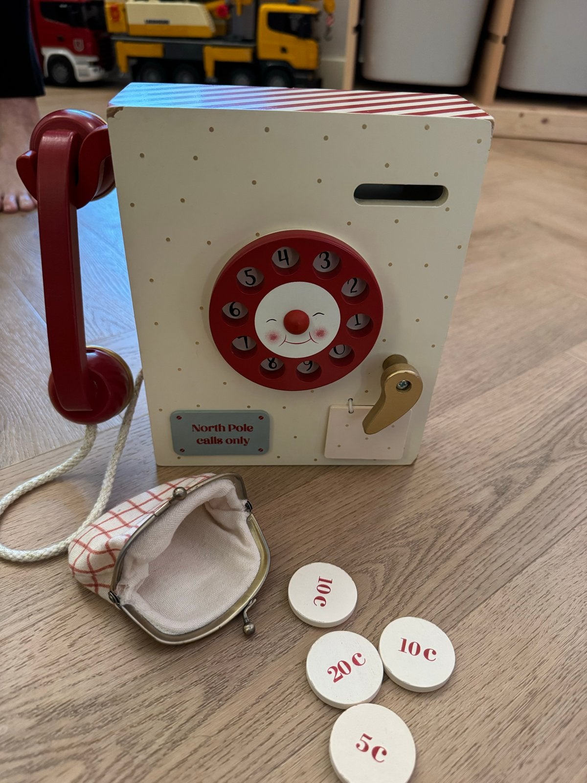Houten speelgoedtelefoon met munten en portemonnee, Kinderen en Baby's, Ophalen of Verzenden, Gebruikt, Jongen of Meisje