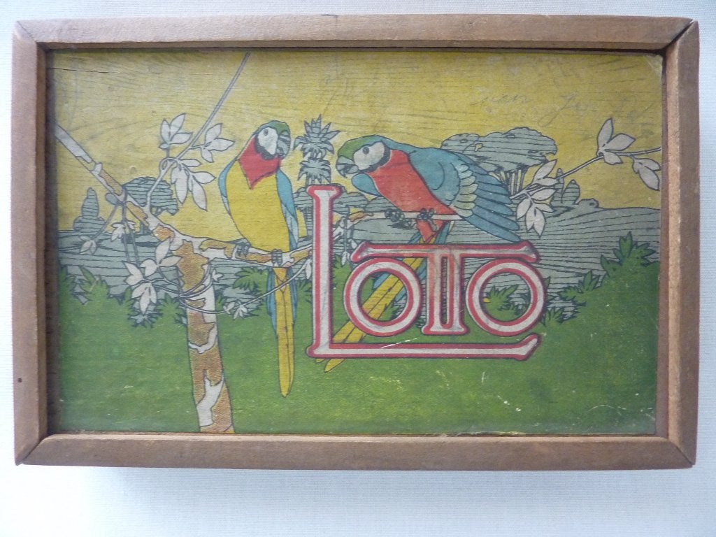 antiek lotto bingo spel houten kist met beeld papegaai 1925, Ophalen of Verzenden