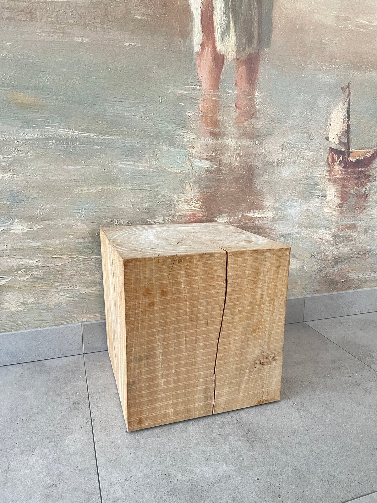 Massief eiken houten kubus bijzettafel/kruk, Huis en Inrichting, Tafels | Bijzettafels, Ophalen, Minder dan 45 cm, Minder dan 55 cm