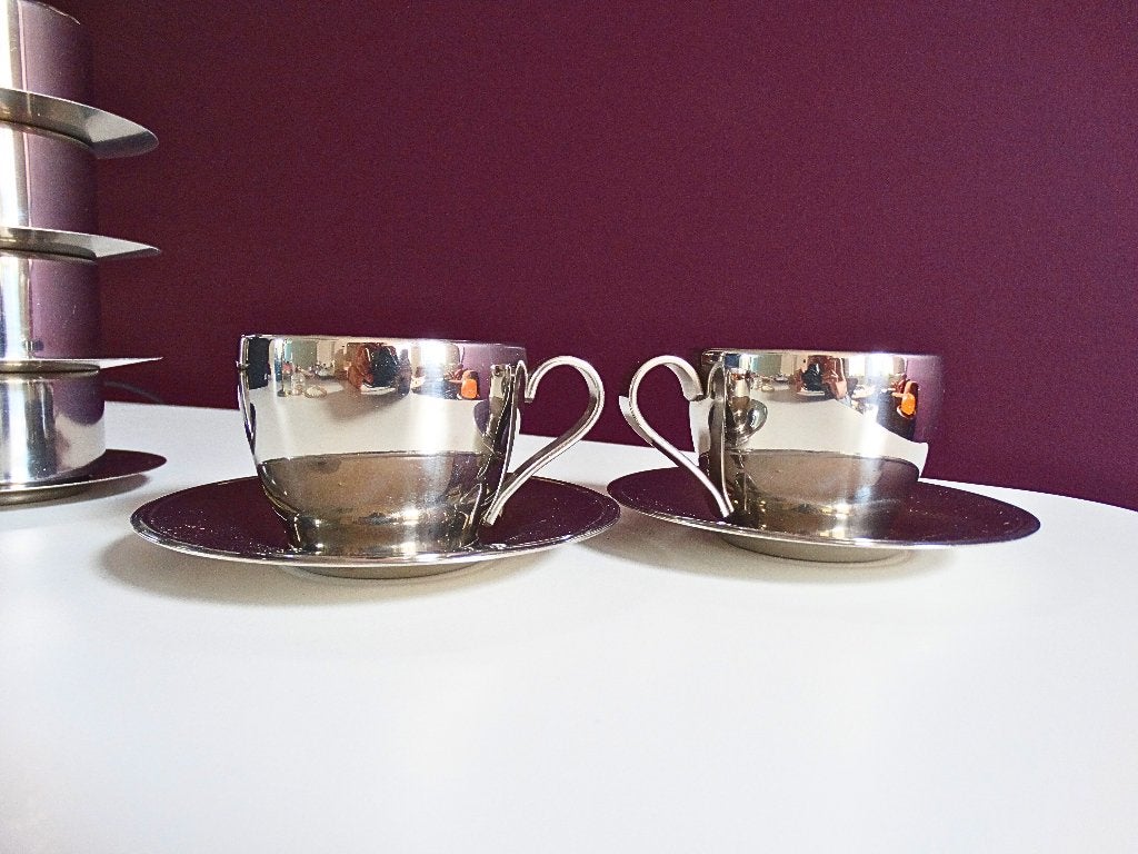 Vintage RVS koffiekop en schotel (4) – Meber Italië, Overige merken, Ophalen of Verzenden, Zo goed als nieuw, Overige stijlen