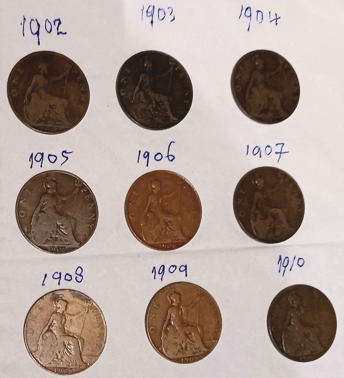 Foto 10 van Compl serie:King Edward-9 Britse One Penny munten:1902-1910