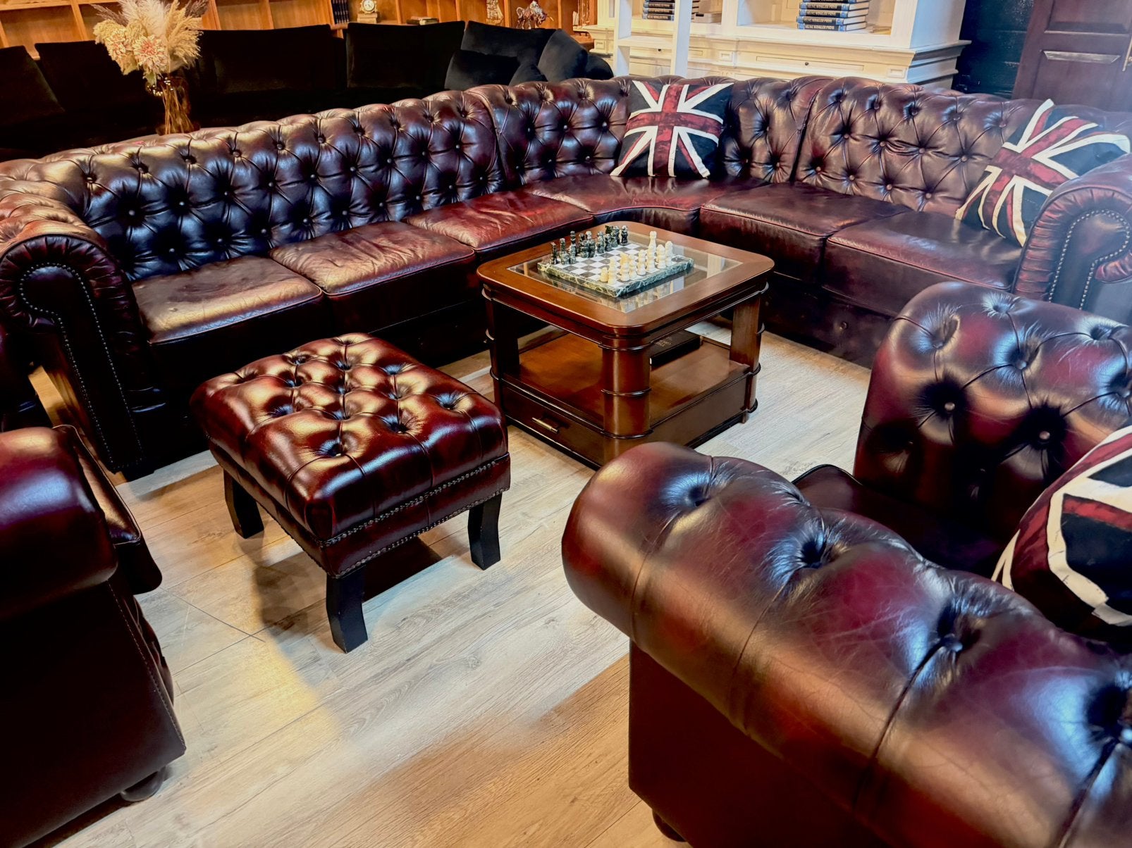 Birmingham Chesterfield hoekbank – antiek donkerrood leer, Ophalen, Gebruikt, Overige maten, Leer