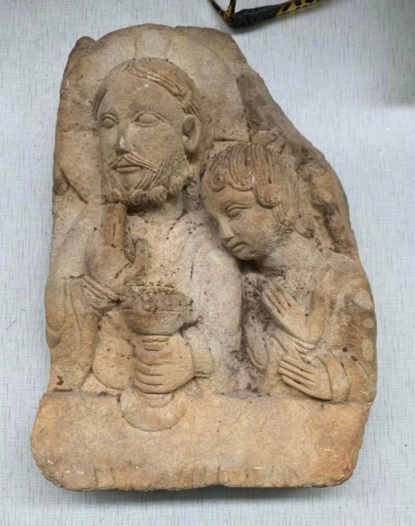 Romanesque Stone Relief, Jesus with a chalice and halo and, Ophalen of Verzenden