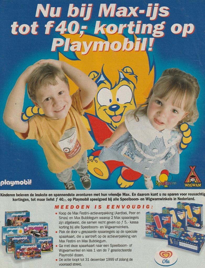 Retro reclame 1999 Ola ijsjes speelgoed Playmobil dozen, Verzamelen, Verzenden, Overige typen