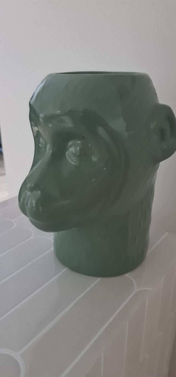 Aap vaas groen - Unieke decoratie, Gebruikt, Met patroon/structuur, Ophalen of Verzenden, Steen/keramiek