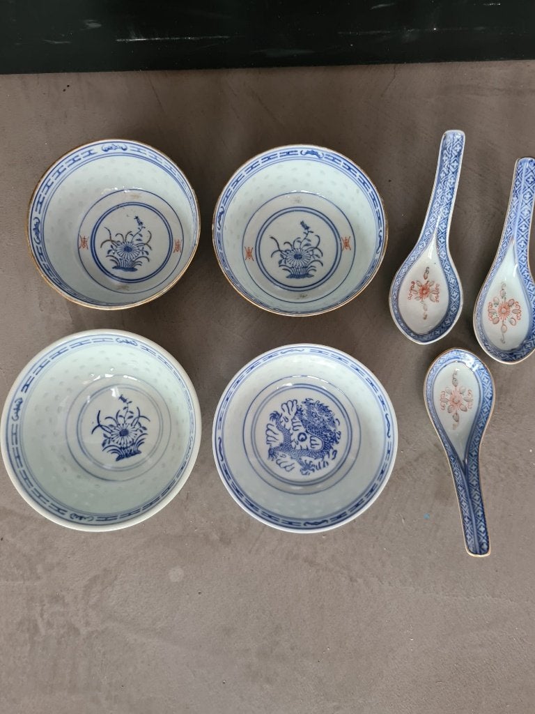 Vintage Chinees Porseleinen Rijstkommen en Lepels Set, Ophalen of Verzenden