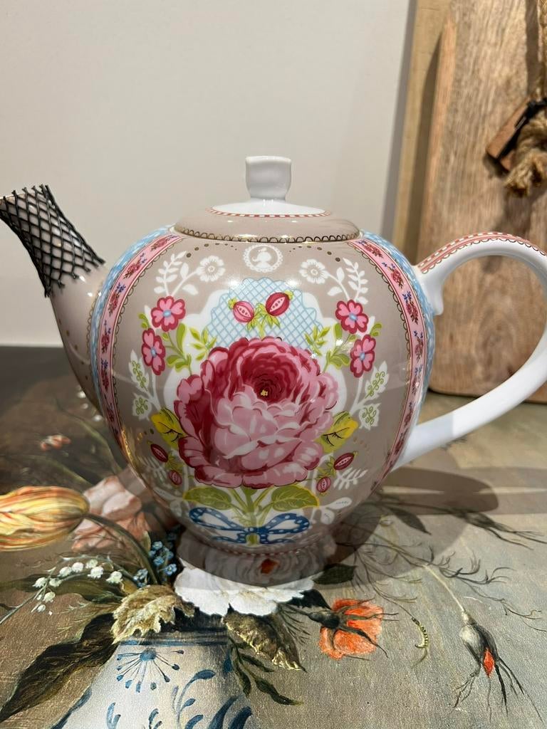 Pip theepot en melkkan. Blushing birds khaki. Nieuwstaat., Overige typen, Ophalen of Verzenden, Zo goed als nieuw, Overige stijlen