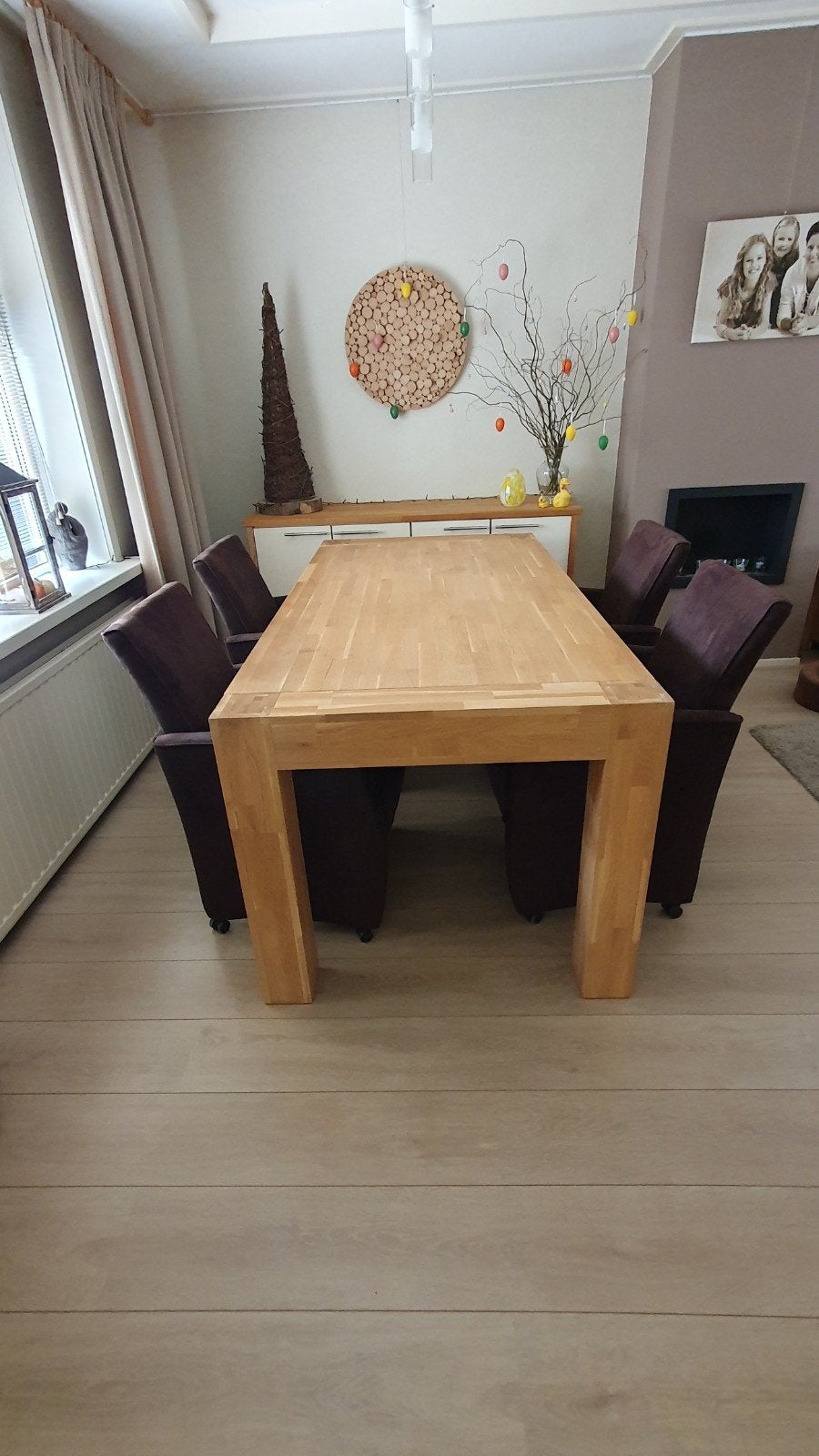 Eettafel 80x190 met suède stoelen met verstelbare rugleuning, Ophalen, Gebruikt, Grenenhout, 50 tot 100 cm