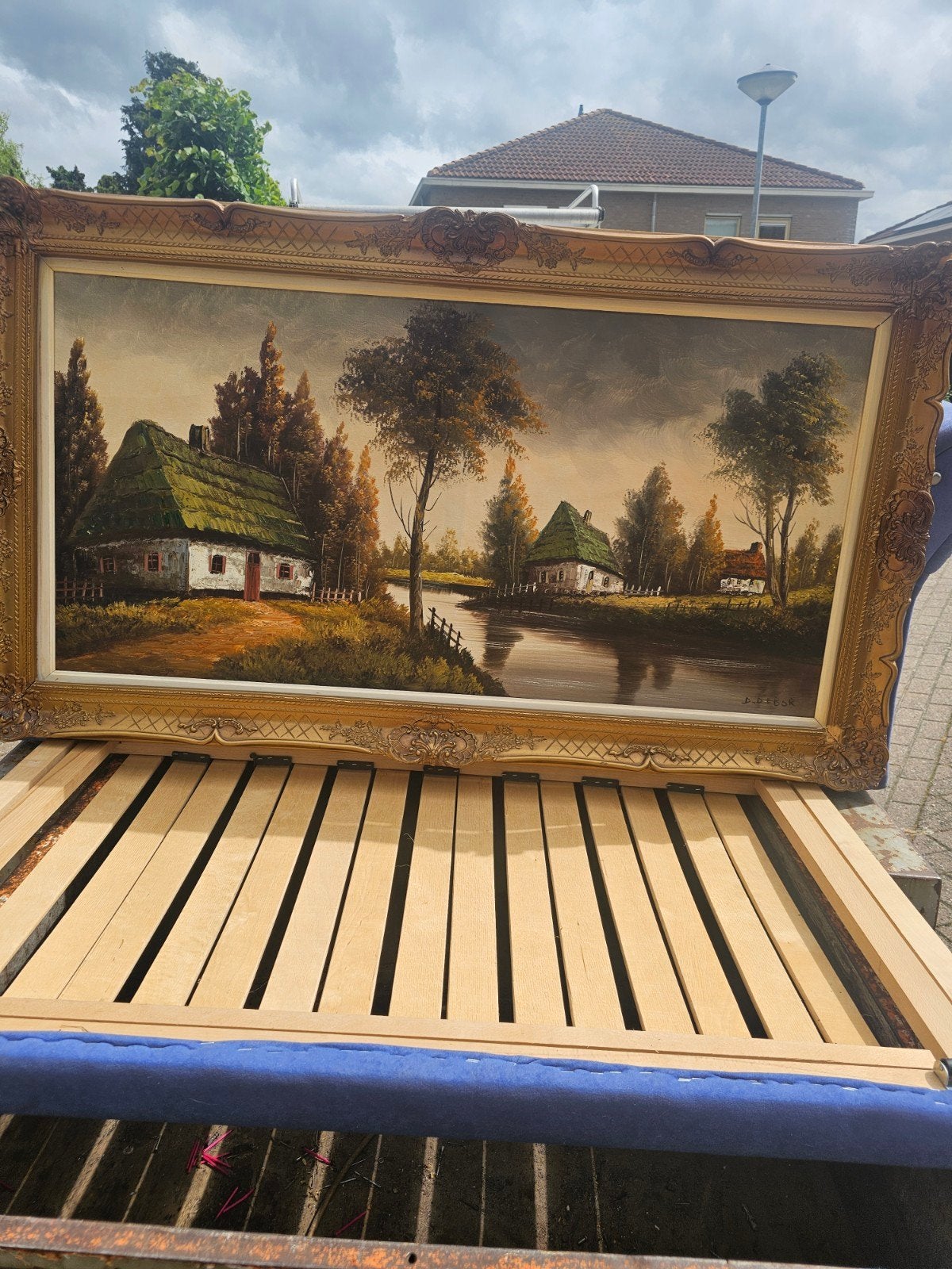 Schilderij met landschap en huisjes, gesigneerd D. DEBSR, Ophalen of Verzenden