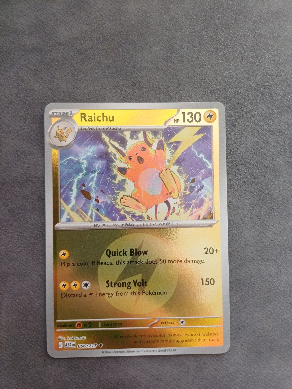 Raichu Pokémon Kaart, Ophalen of Verzenden, Zo goed als nieuw, Losse kaart