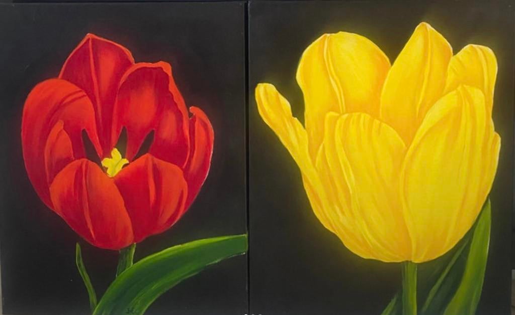 Twee vrolijke tulpen schilderijen, Ophalen of Verzenden