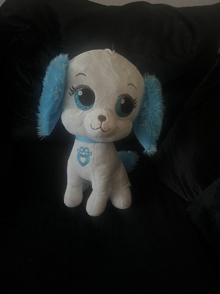 Wit met blauwe pluche knuffel hond 37 cm groot, Overige merken, Overige karakters, Blauw, Zo goed als nieuw