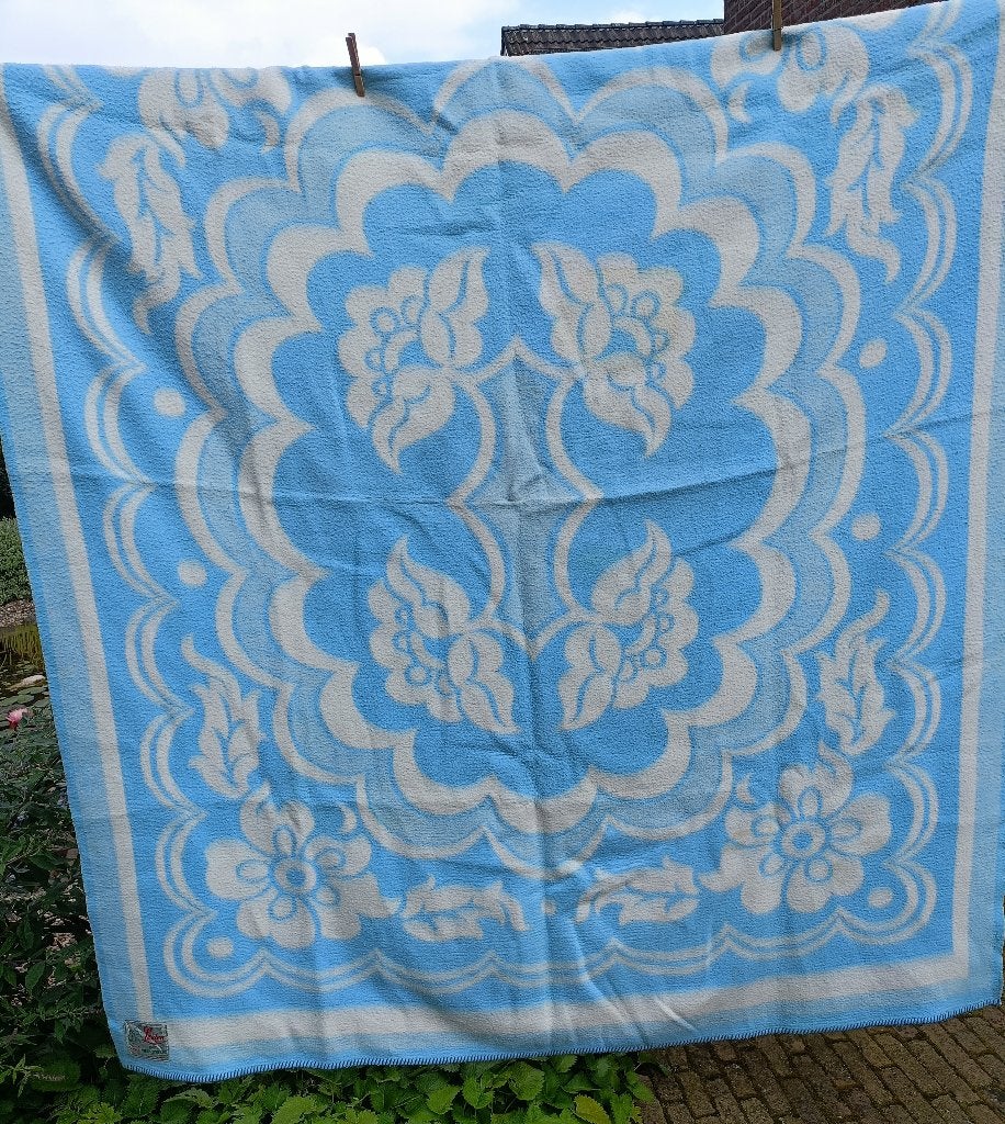 Vintage LEIDEN jaren 1950 blauw wollen deken 1.70 x 2.20 mt, Huis en Inrichting, Slaapkamer | Beddengoed, Gebruikt, Blauw, Tweepersoons