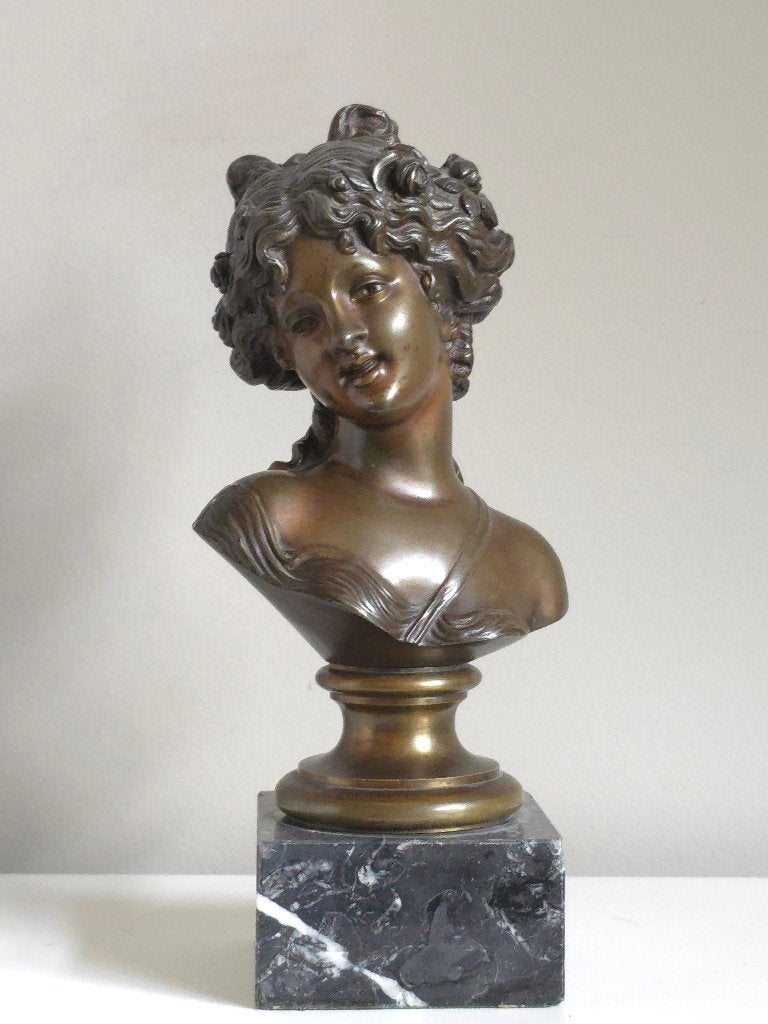 Antieke Franse bronzen buste 26,5cm | Vrouw op marmer, Ophalen of Verzenden, Brons