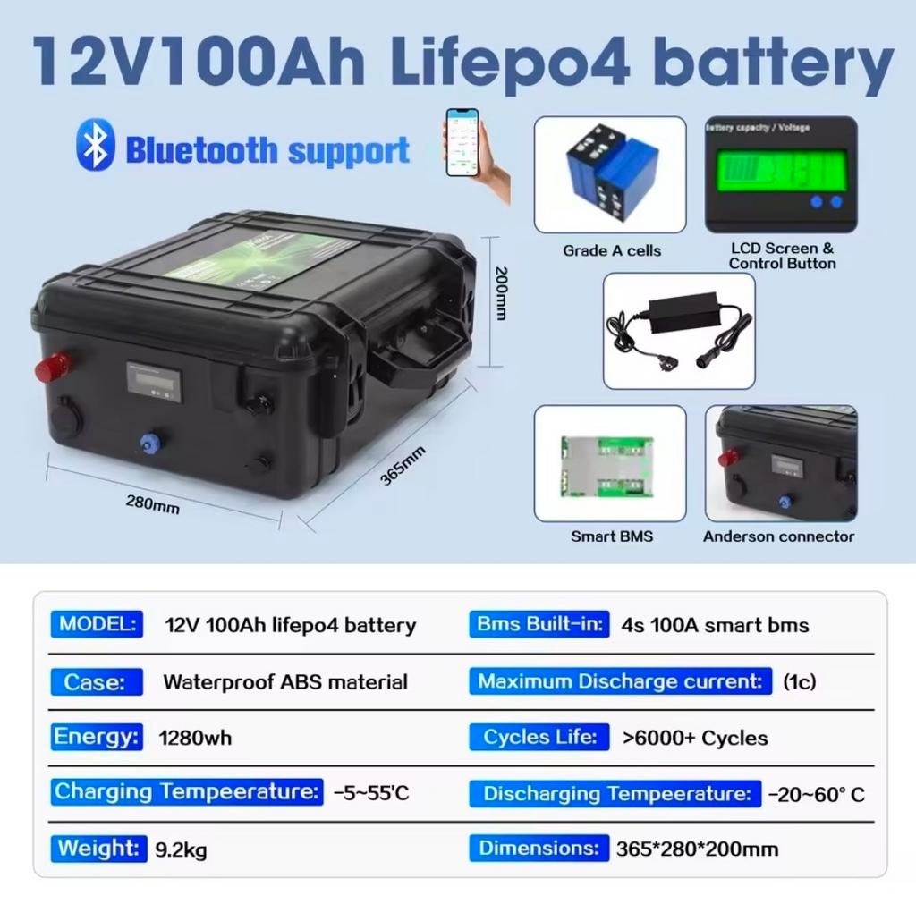 12.8V 100Ah LiFePO4 Accu met Bluetooth & LCD Display, Watersport en Boten, Ophalen of Verzenden, Nieuw