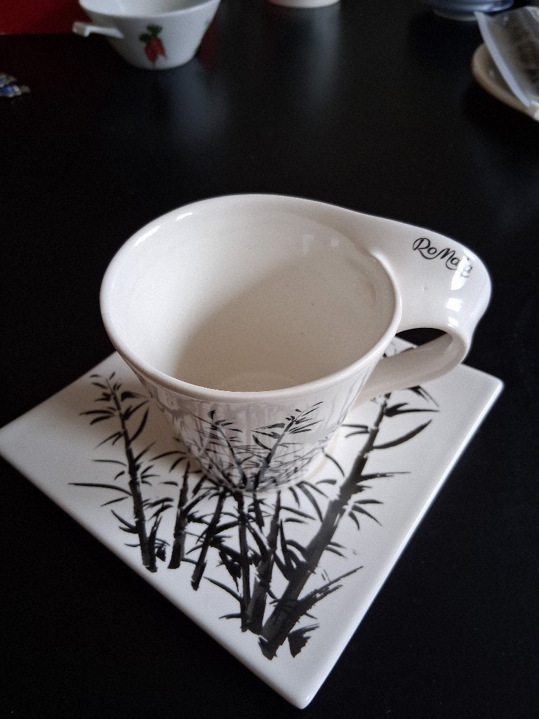 Villeroy & Boch wave kop en schotel bamboe zwart *eureka*, Huis en Inrichting, Ophalen of Verzenden, Zo goed als nieuw, Overige stijlen